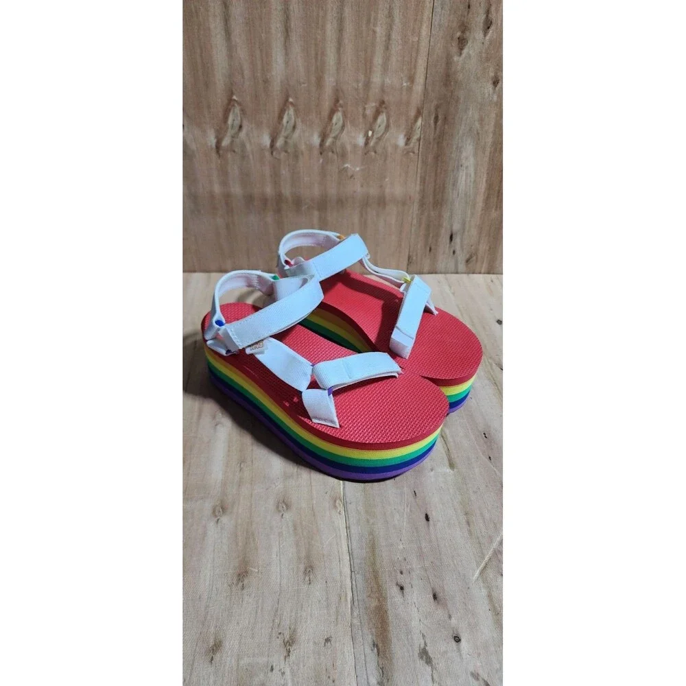 Teva Women’s 7 Flatform Universal Rainbow Stripe Sandals Pride White Platform
